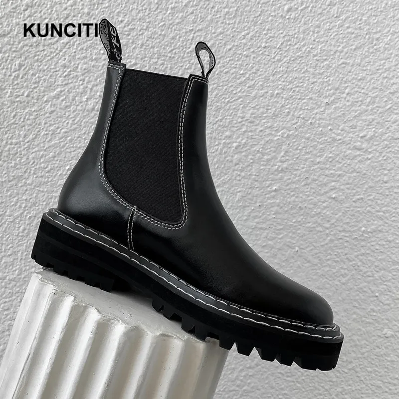 Black Plush In KUNCITI/ г.; белые растягивающиеся сапоги; Женская эластичная обувь из натуральной кожи; женские полусапожки без застежки; Европейская мода; онлайн; D9169 - Цвет: Black Plush In