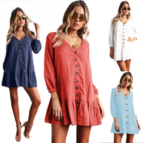 Tunic Cover-ups White Tunic Beach Mini Dress Summer Women Beachwear Sexy V-Neck Button Front Swimsuit Cover Up Q744