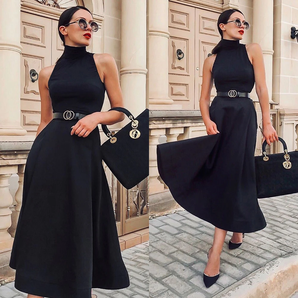

Sleeveless Elegant Dress Women Formal Evening Dresses Black Turtleneck Bodycon vestidos A-Line Celebrity Sexy Robes Party Dress