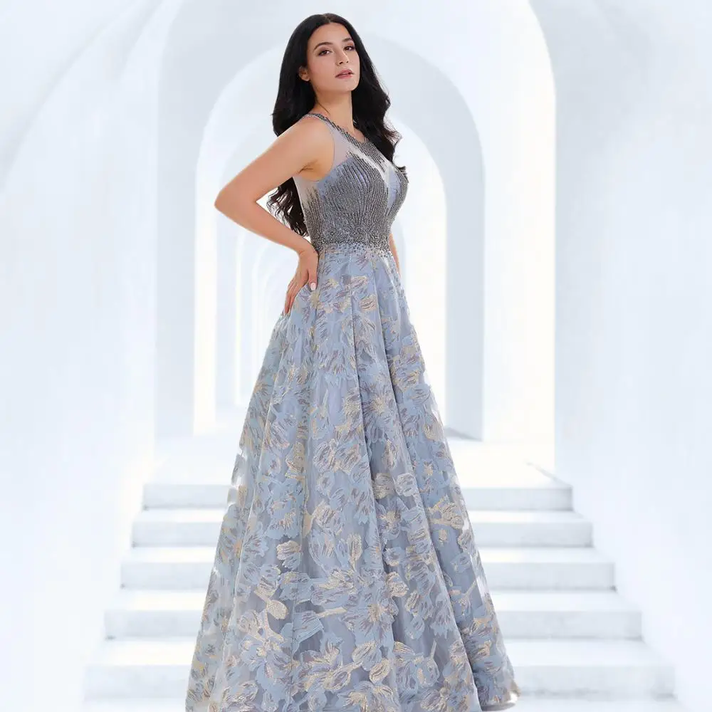 

D.T. Rhinestones Evening Dresses Long Formal A Line Pearl Beaded Party Plus Size Sleeveless O-Neck Luxury Prom Gowns Tulle Large