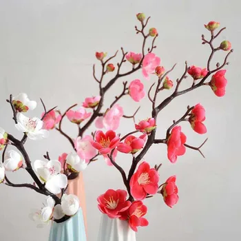 

New Plum Cherry Blossoms Silk Artificial Flowers Plastic Stem Sakura Tree Branch Home Table Decor Wedding Decoration Wreath
