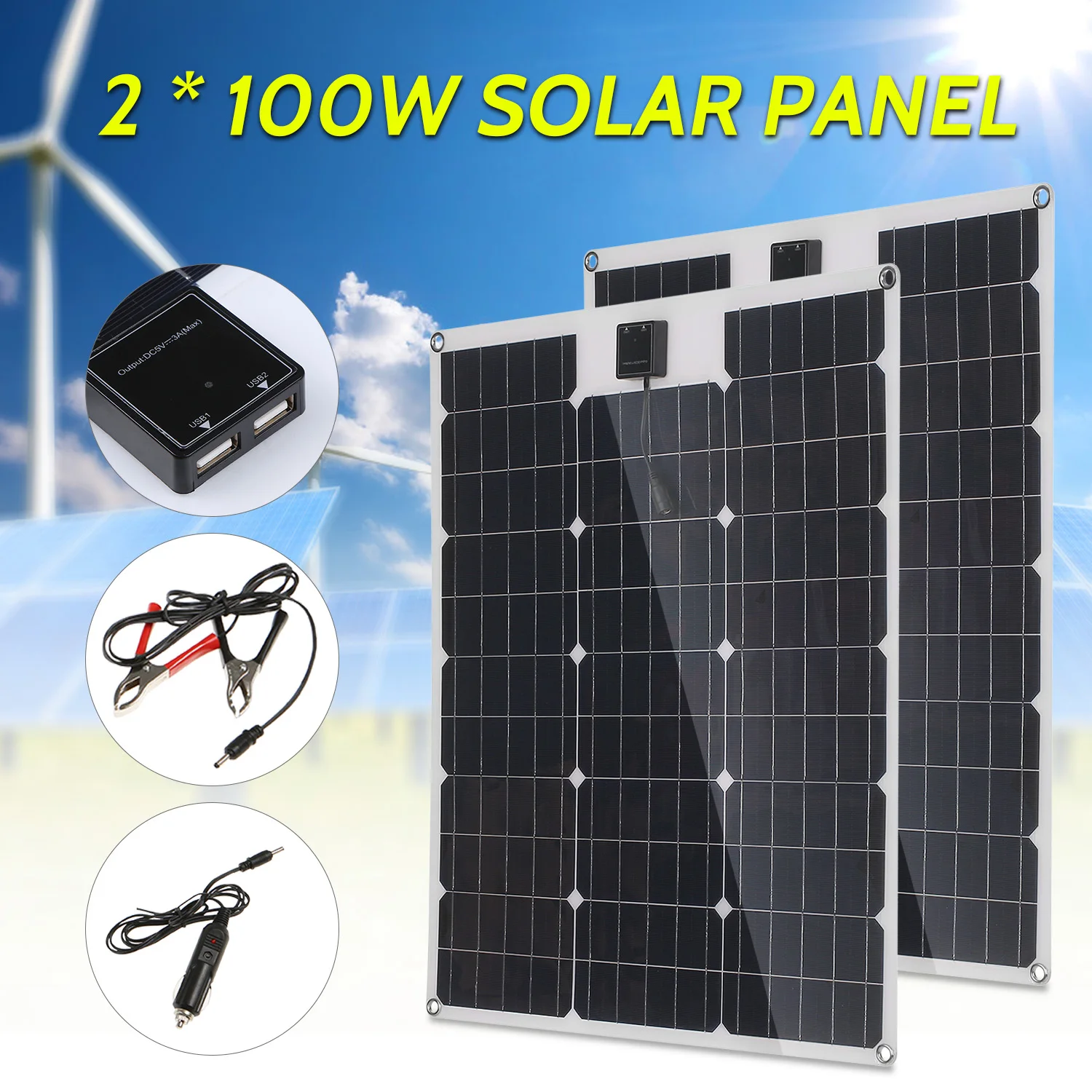 2Pcs 100W 18V Solar Panel Dual USB Output Solar Cells Poly Solar Panel 10/20/30/40/50A Controller for Car Yacht Battery Charger