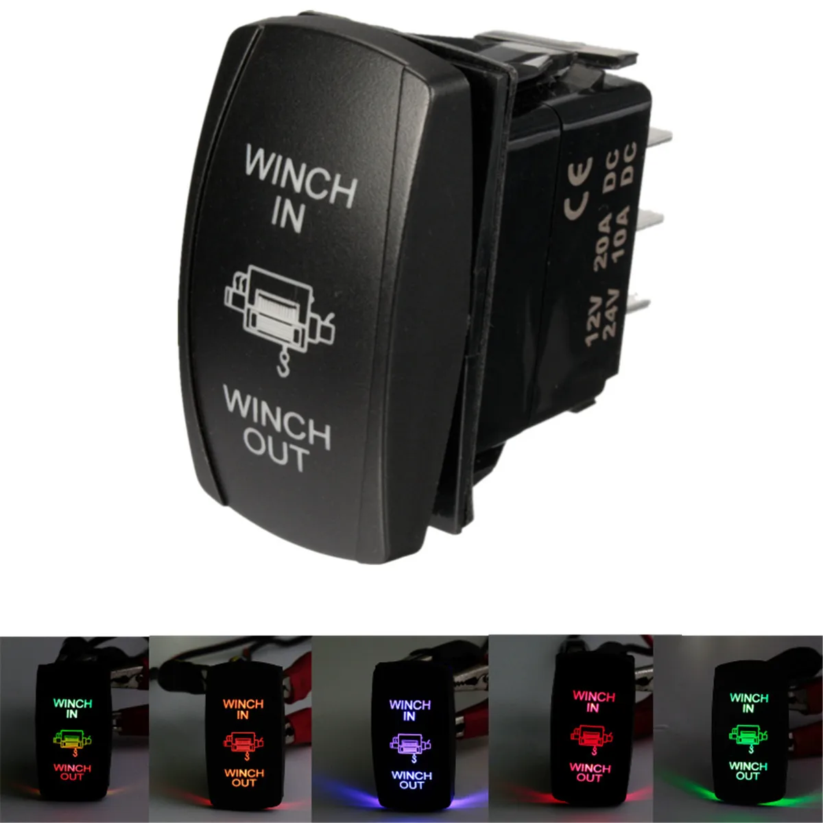 GREEN DUAL LED LIGHT MOMENTARY ROCKER SWITCH LASER ETCHED 20A 12V WINCH IN//OUT