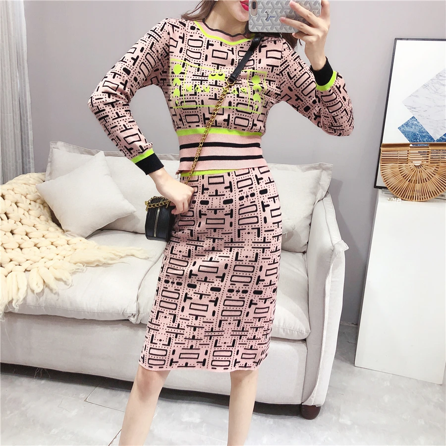ALPHALMODA/ г. Осенне-зимняя женская трикотажная длинная куртка с геометрическим узором+ свитер+ юбка-карандаш модный костюм из 3 предметов