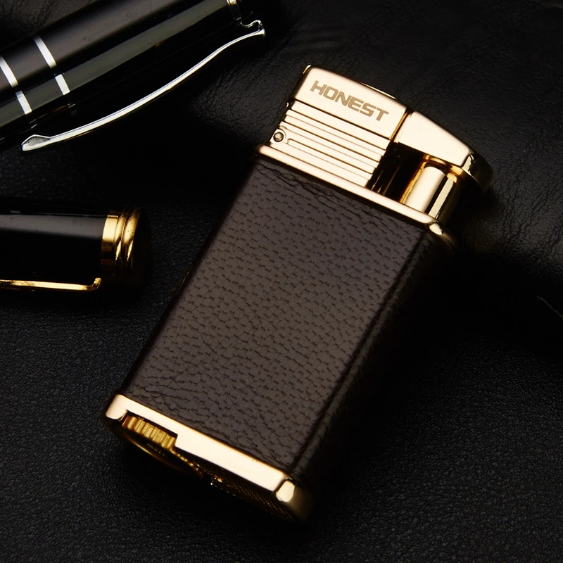 Brown Роскошный ветрозащитный фонарь-зажигалка Jet Flame, многоразовая Бутановая газовая зажигалка, 1300 C, Мужская зажигалка с синим пламенем, подарки - Color: Brown
