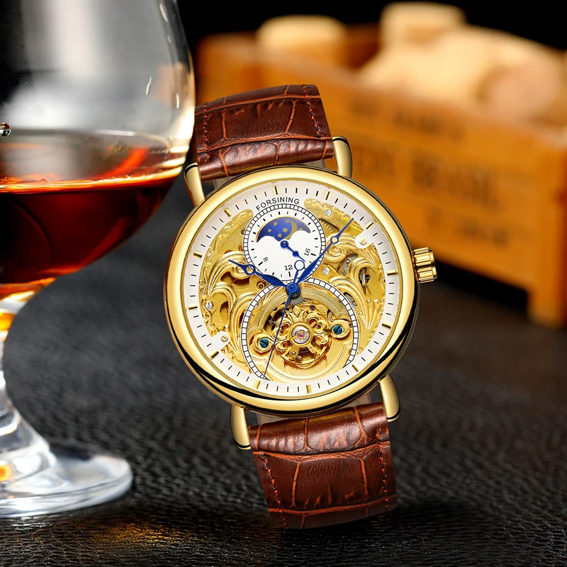 FORSINING Relogio Masculino модные кожаные Moonphase водонепроницаемые светящиеся спортивные часы мужские бизнес люксовый бренд наручные часы