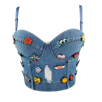 

sexy summer denim hollow bustier solid korean sleeveless crop top women Cartoon accessories off shoulder tank tops clothes