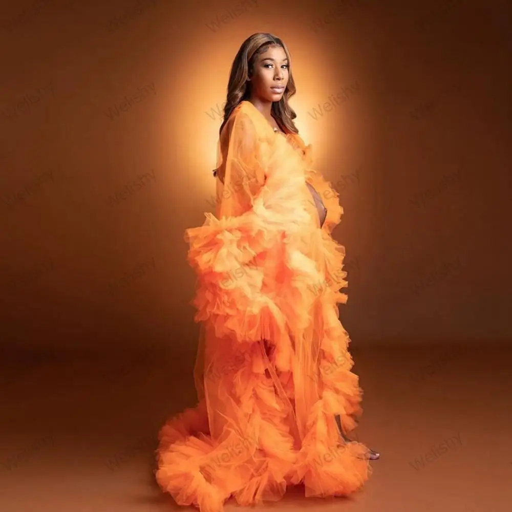 Orange Maternity Prom Tulle Dresses Women Extra