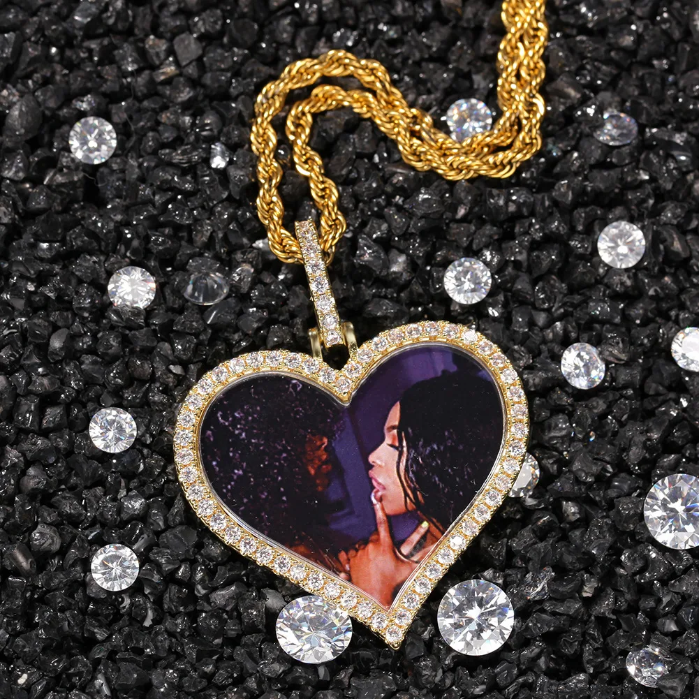 Hip hop Custom Photo Heart Medallions Pendant Necklace 4mm Tennis Chain Zircon Gold Silver Color Men's AAA CZ Jewelry Solid Back