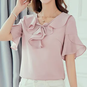 

Women Summer Korean Shirt V-neck Short Sleeve Fashion Casual Chiffon Shirt Top High quality plus size tops chemisier femme