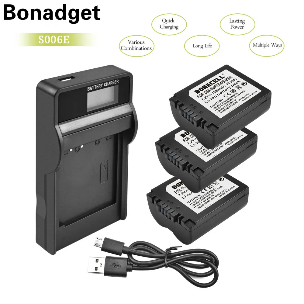 Bonadget S006 3 шт. Батарея+ ЖК-дисплей Зарядное устройство для цифрового фотоаппарата Panasonic Lumix CGA-S006E DMW-BMA7 DMC-FZ50 FZ30 CGR-S006 CGR-S006A1B CGA-S006