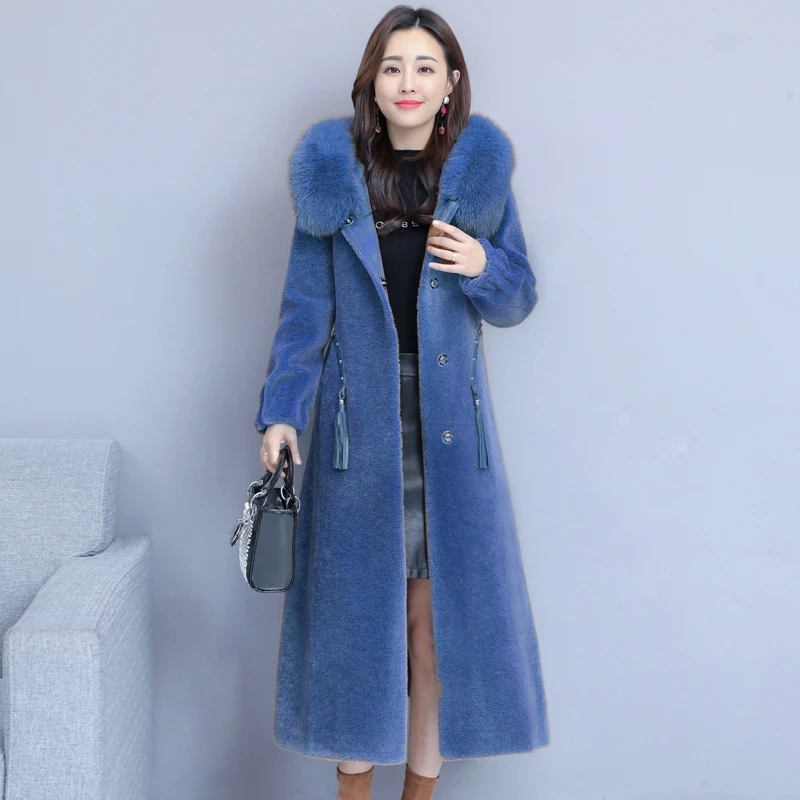 

HANZANGL Brand sheep sheared coat female 2019 new winter long fox fur coats Jackets Warm Overcoat beige/red/blue/camel/black