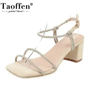 

Taoffen Women Sandals Square High Heels Shoes Bling Flock Thick Heel Shoes Fashion Buckle Banquet Work Lady Shoes Size 34-48