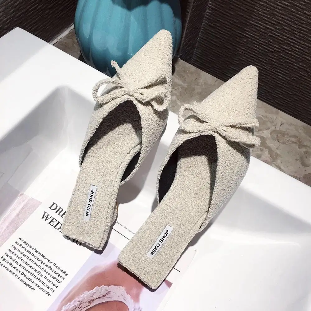 Famous Designer bow-knot wool mules shoes woman pointed toe furry slippers winter low heels shallow curl fur flip flops slides