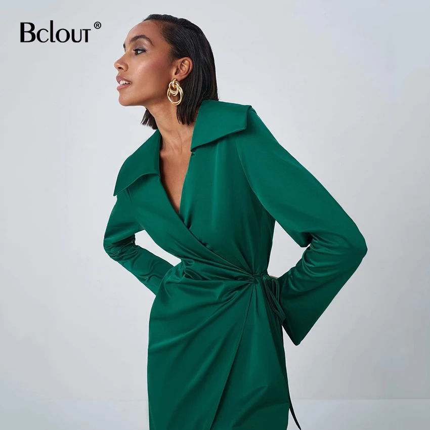 Bclout Elegant A Line Green Wrap Dress Vintage V Neck Lace Up Satin Long  Sleeve Dress Sexy Party High Waist Midi Slit Robe 2021 - Dresses -  AliExpress