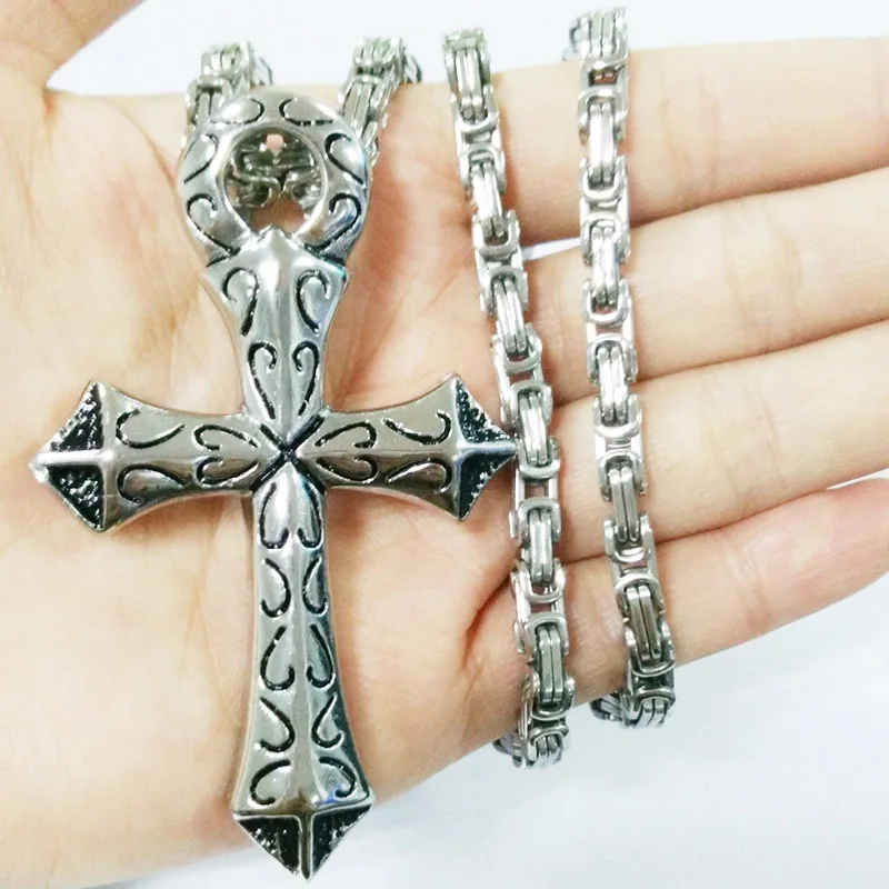 Fashion Cross Pendant Necklace For Men Gold Silver Stainless Steel 5mm Byzantine Necklace Men Hip Hop Jewelry - Окраска металла: Silver