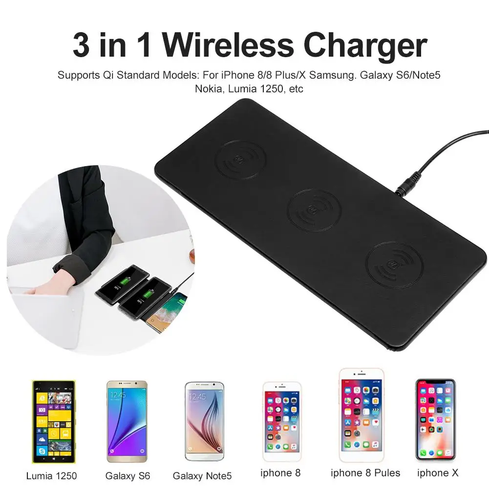 

3-in-1 Wireless Charger Qi Ultra-thin Multi-functional Charging Stand Dock For IPhone 8P XR Xiaomi 9 Samsung Huawei Mobile Phone