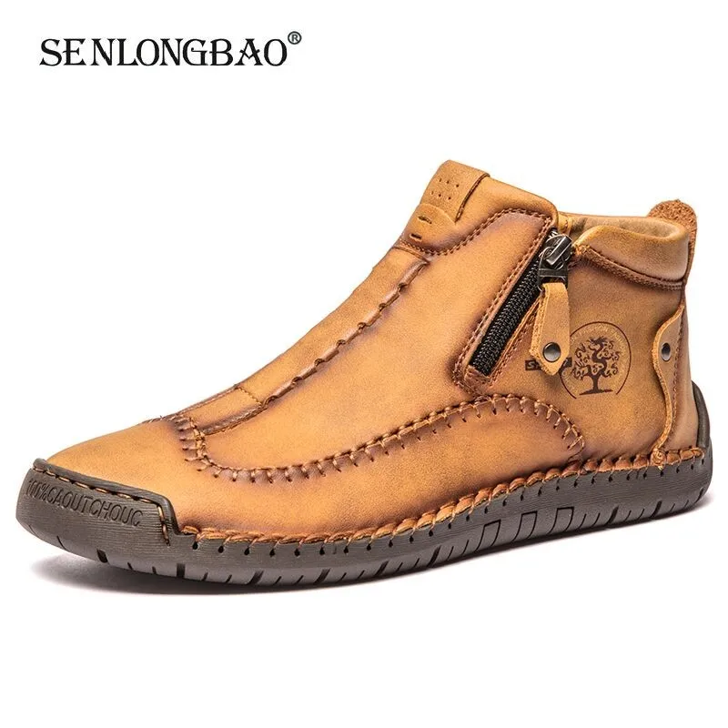 Spring leather men short boots autumn lace-up flats medium-top shoes outdoor male breathable casual shoes handmade men's boots mens leather boots