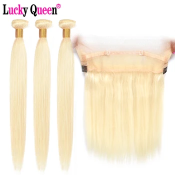 

613 Blonde Brazilian Straight Hair Bundles With 360 Lace Frontal Pre Plucked Remy Human Hair Bundles With Frontal Lucky Queen
