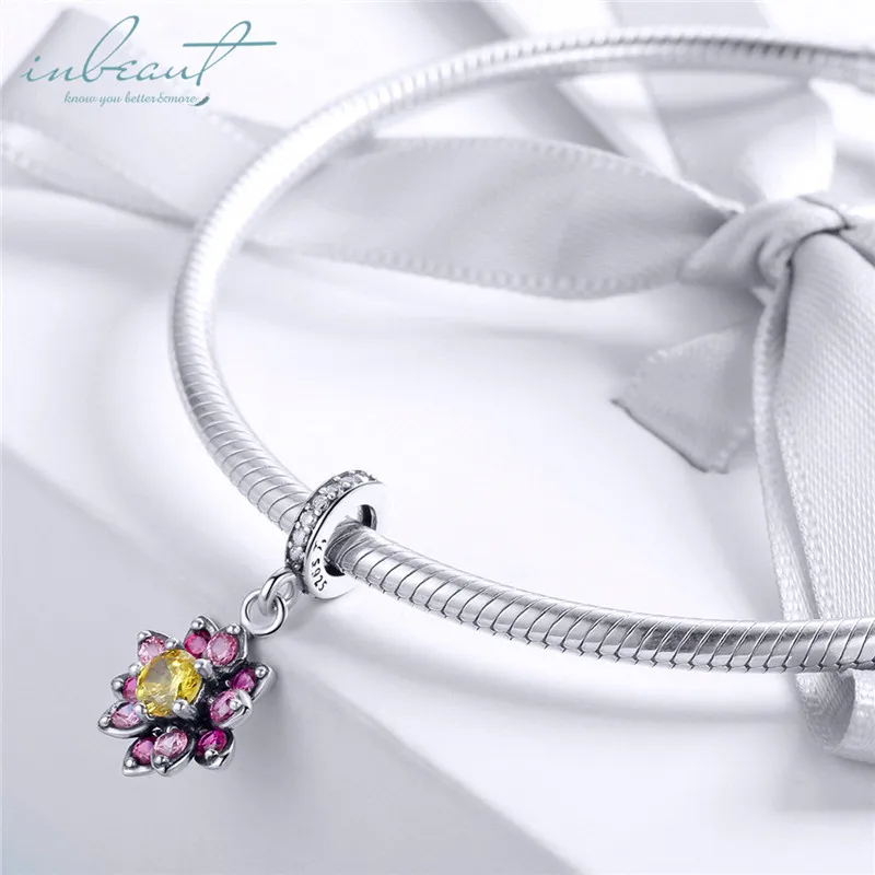 

S925 Sterling Silver fit Pandora Bracelet Pink Zircon Clustered Flowers Charms 925 Colorful Blossom Beads for Chain DIY Jewelry