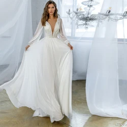 Classic Deep V Neck Fulle Sleeve Wedding Dresses Fluffy Chiffon 2022 Sequin Bridal Gowns Illusion Court Train свадебное платье