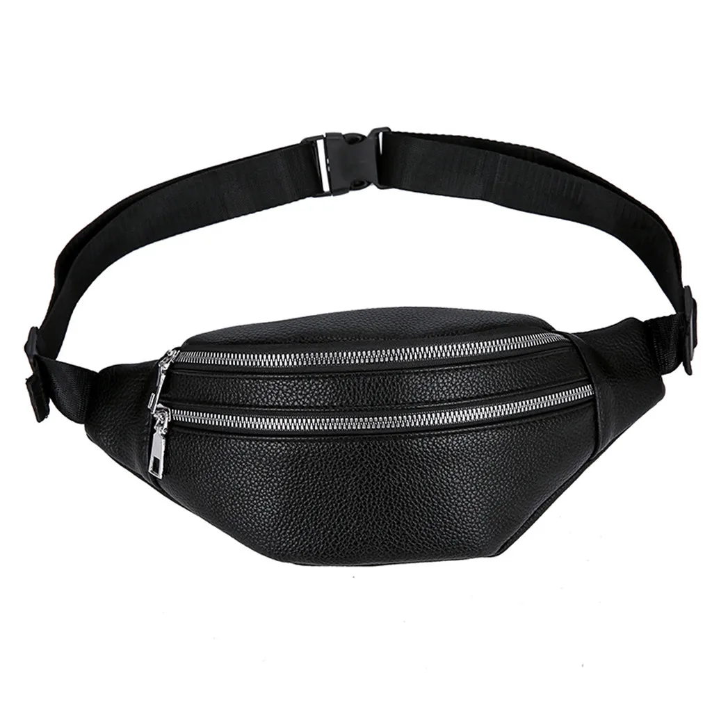 Черный Unisex Double Zipper Leather Chest Bags Messenger Bag Bum Banana Hip Package High Quality Female Purse Chest Bag Wild Purse#GEX - Цвет: Черный