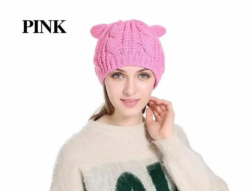 Женские модные зимние шапочки, милые шапочки с ушками, утепленные вязаные шапки, подарок - Цвет: pink