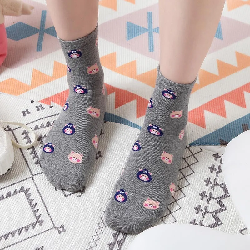 Японские Kawaii Модные дышащие Нескользящие повседневные женские носки с героями мультфильмов яркие цвета в студенческом стиле милая Свинка Свинья Calcetines Mujer
