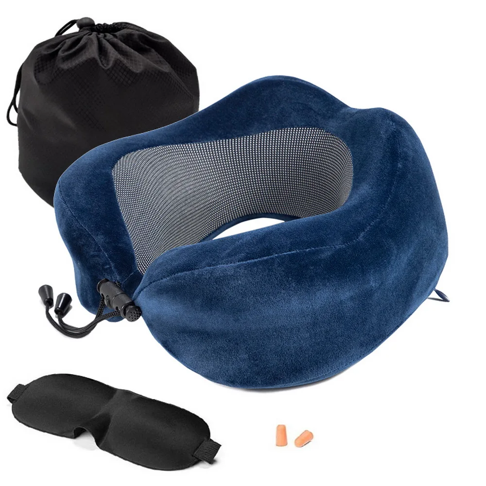 Navy Folding Slow Rebound Inflatable Neck Pillow Memory Foam U-Shape Travel Pillow Travel Accessories Pillows For Sleep Airplane - Цвет: Navy