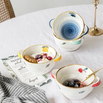 

320Ml Exquisite Dual Handle Ceramic Bowl with Handle 6Inch Tableware Dessert Snack Container Rose Lemon Blueberry Radish Pattern