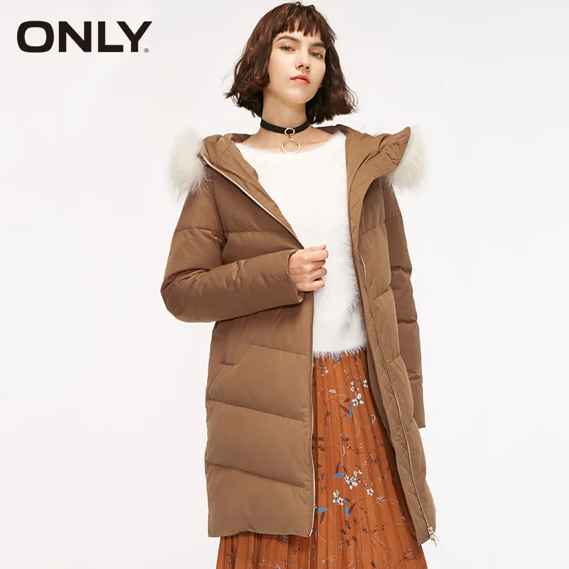 ONLY Women Winter Big Raccoon Fur Collar Hooded with Drawstring Mid long Down Jacket Coat | 118312551 Женская одежда