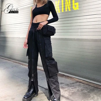 

Gold Hands Women Big Pockets Zipper Trousers High Waist Pants Baggy Sweatpants Steampunk Streetwear Black Straight Cargo Pants