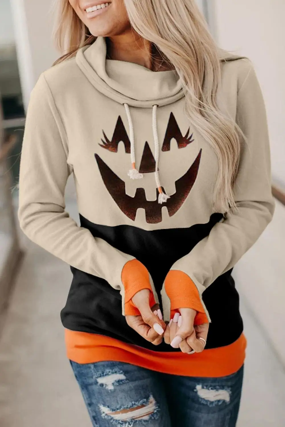 

Autumn and winter new women's wear long-sleeved Halloween cartoon pattern hit color high-necked pullover, warm fashion leisure s