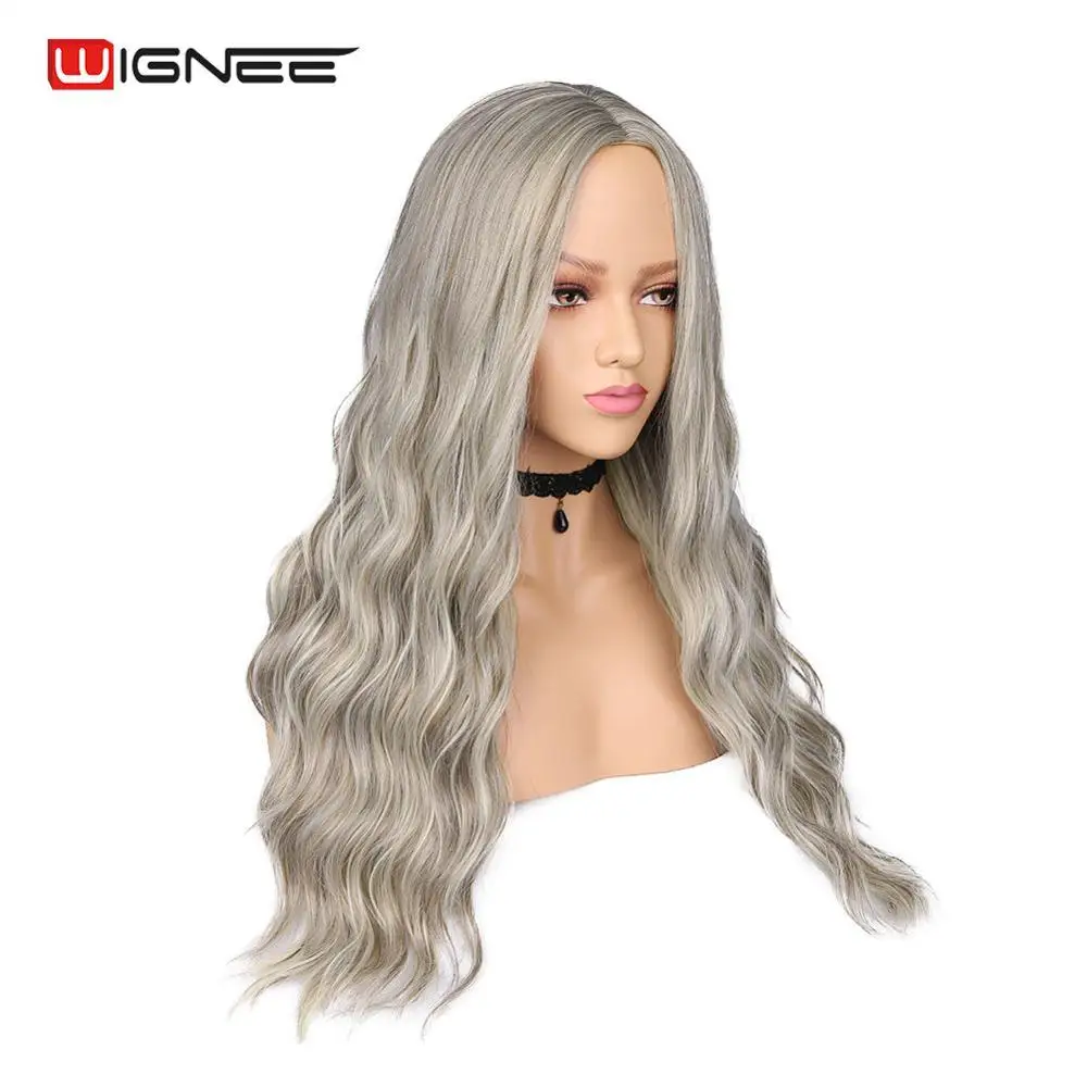 

Wignee Ombre Ash Grey Hair Long Water Wave Hairstyle High Density Heat Resistant Synthetic Wig For Black Women African American