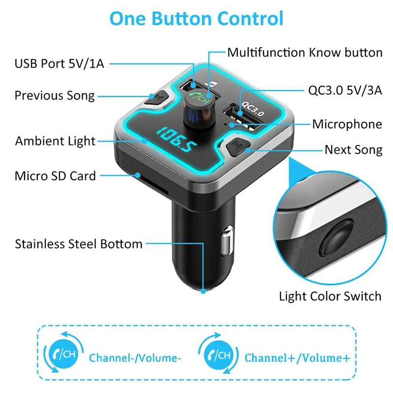 Автомобильный Bluetooth fm-передатчик 7 цветов со светодиодной подсветкой Bluetooth автомобильный адаптер с громкой связью Qc3.0 автомобильное зарядное устройство Поддержка Usb Di