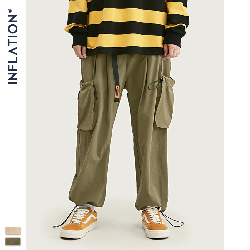 INFLATION уличная одежда, одноцветные бегуны с боковыми карманами, мужские хип-хоп повседневные штаны с кулиской, ветрозащитные брюки, мужские 93448W