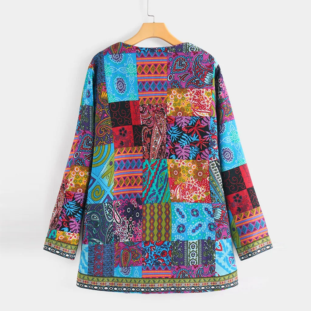 Womail Женское пальто в этническом стиле, винтажная куртка с цветочным принтом, хлопковая льняная куртка размера плюс, куртка с длинным рукавом, цветная Женская куртка
