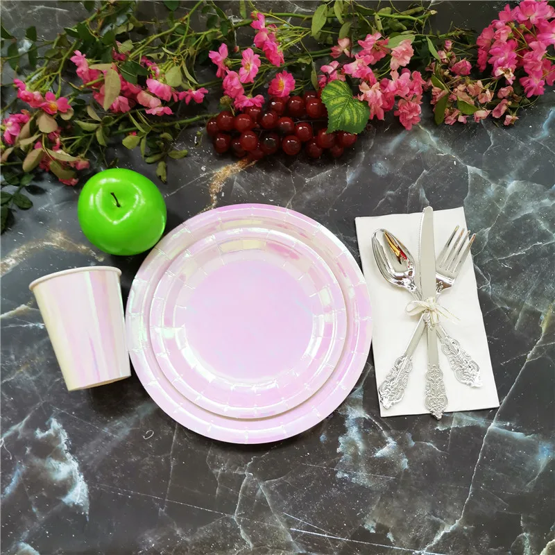 Rose Gold Disposable Tableware sets Paper Plates/cups/straws Iridescent Wedding Birthday Party Decor rainbow Dish Party Supplies