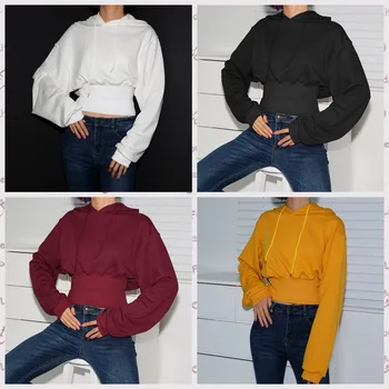 

Fashionable personalized women’s clothing European and American hoodie navel leaking waist showing thin pure cotton women’s New