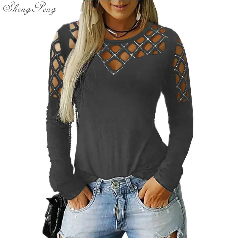 Fashion Hollow Bling Blouse Casual Sexy Rhinestone Solid Top Female Women Tops Long Sleeve Shirt Blusa Pullover 5XL V1755