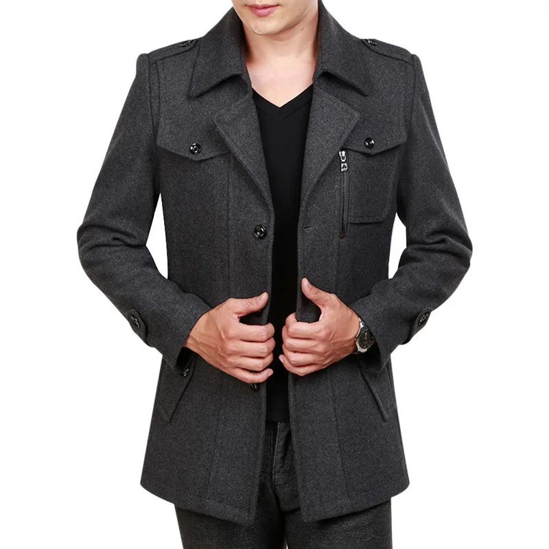 Флисовая Куртка мужская шерстяное пальто с карманами зимнее кашемировое стоячий воротник серый черный лацкан мужское зимнее пальто размера плюс