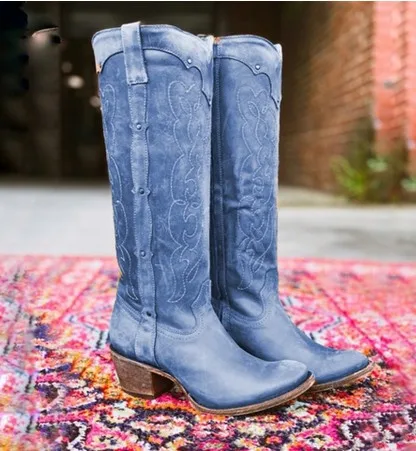 

Vintage Women Knee High Boots Leather Riding Boots Medieval Western Cowgirl Boots Autumn Winter Pointed Toe Flat Boots