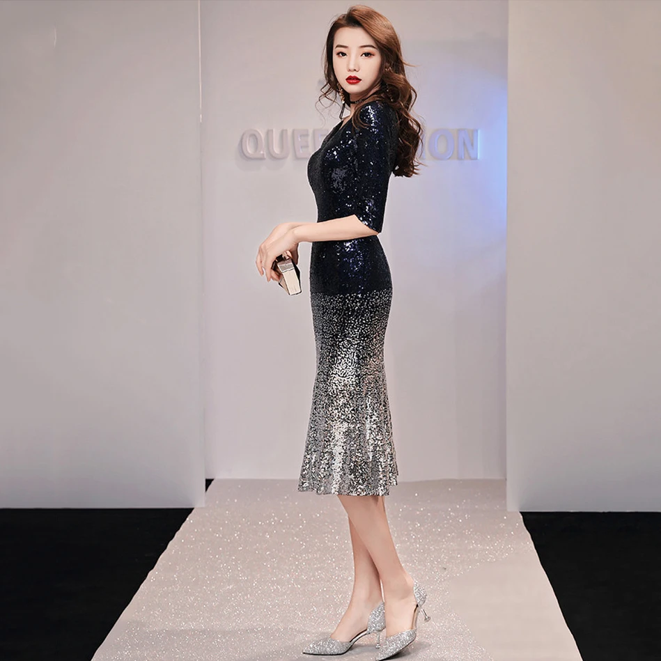 Серебряное Вечернее платье для женщин короткий узкий Новинка Cheongsam Vestidso Половина рукава блестками Русалка Qipao большой размер 3XL