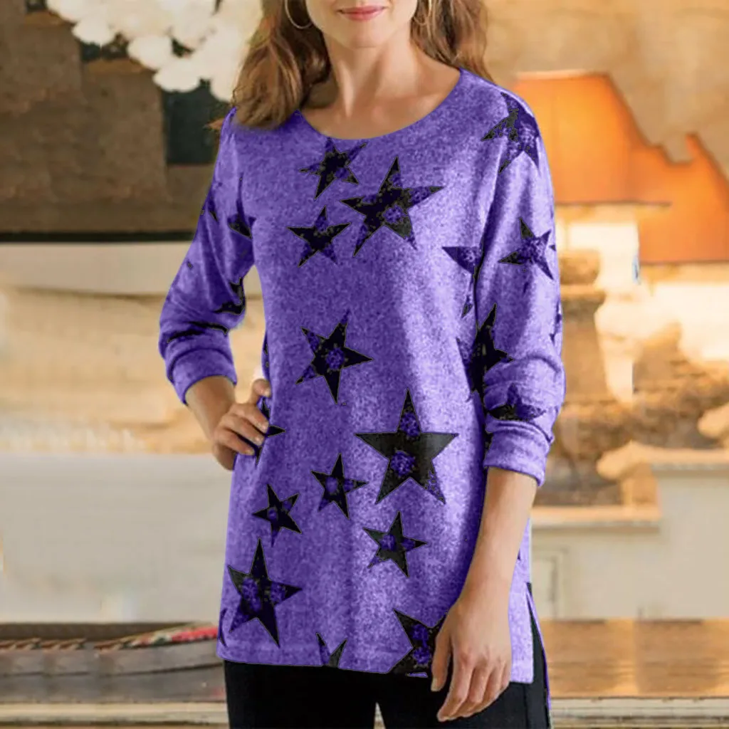 Модная Свободная блузка со звездным принтом размера плюс 5XL, повседневные зимние женские топы, женские рубашки с длинным рукавом, блузы, пуловеры