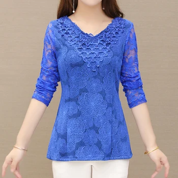 

Long Sleeve blusas mujer de moda 2020 Spring New V Neck Ceiling Gold Plus Size Women's Lace Tops Floral Lace Blouses Shirt 511J