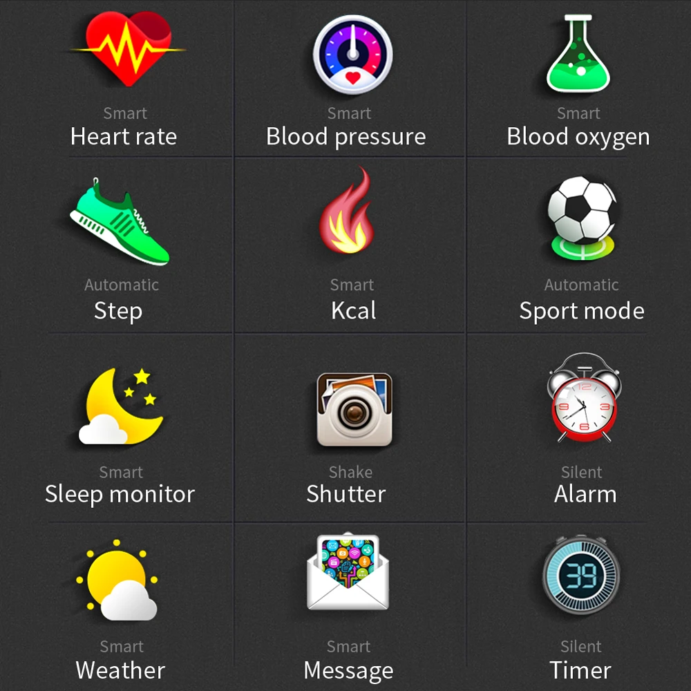 Смарт-часы IP68, водонепроницаемые, пульсометр, кровяное давление, кислород, шаг, таймер, камера, сообщение, погода, сон, таймер, браслет для Android iOS
