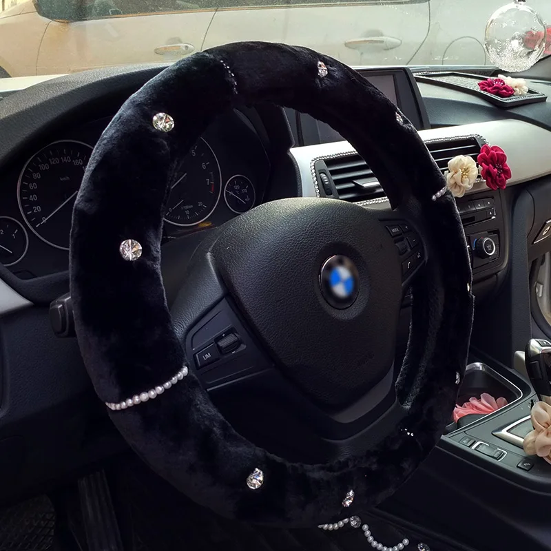 Длинный плюшевый теплый автомобильный чехол на руль со стразами, украшение для автомобиля, чехлы на руль