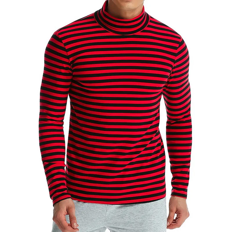 Red 1 Модная полосатая водолазка, тонкая футболка, осенняя теплая майка, Мужская одежда, повседневная футболка для бодибилдинга с длинным рукавом - Цвет: Red 1