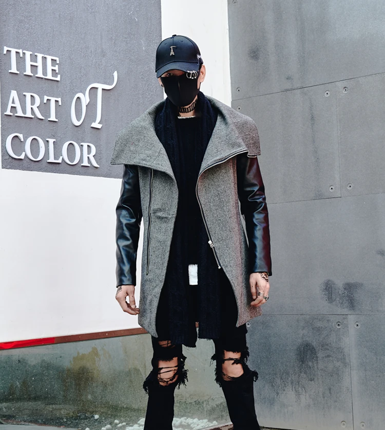 Guo-Chao Tang New Winter Hipster Hip-hop Dark Slim Thick Coat Personality zipper Splice Streetwear Overcoat Drop Shipping