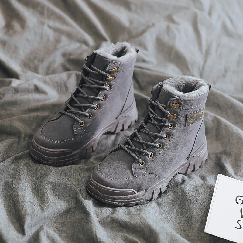 Серый Теплые Ботинки martin для женщин; зимние ботинки; женские кожаные модные кроссовки; женские короткие ботильоны; женские ботинки - Цвет: Серый